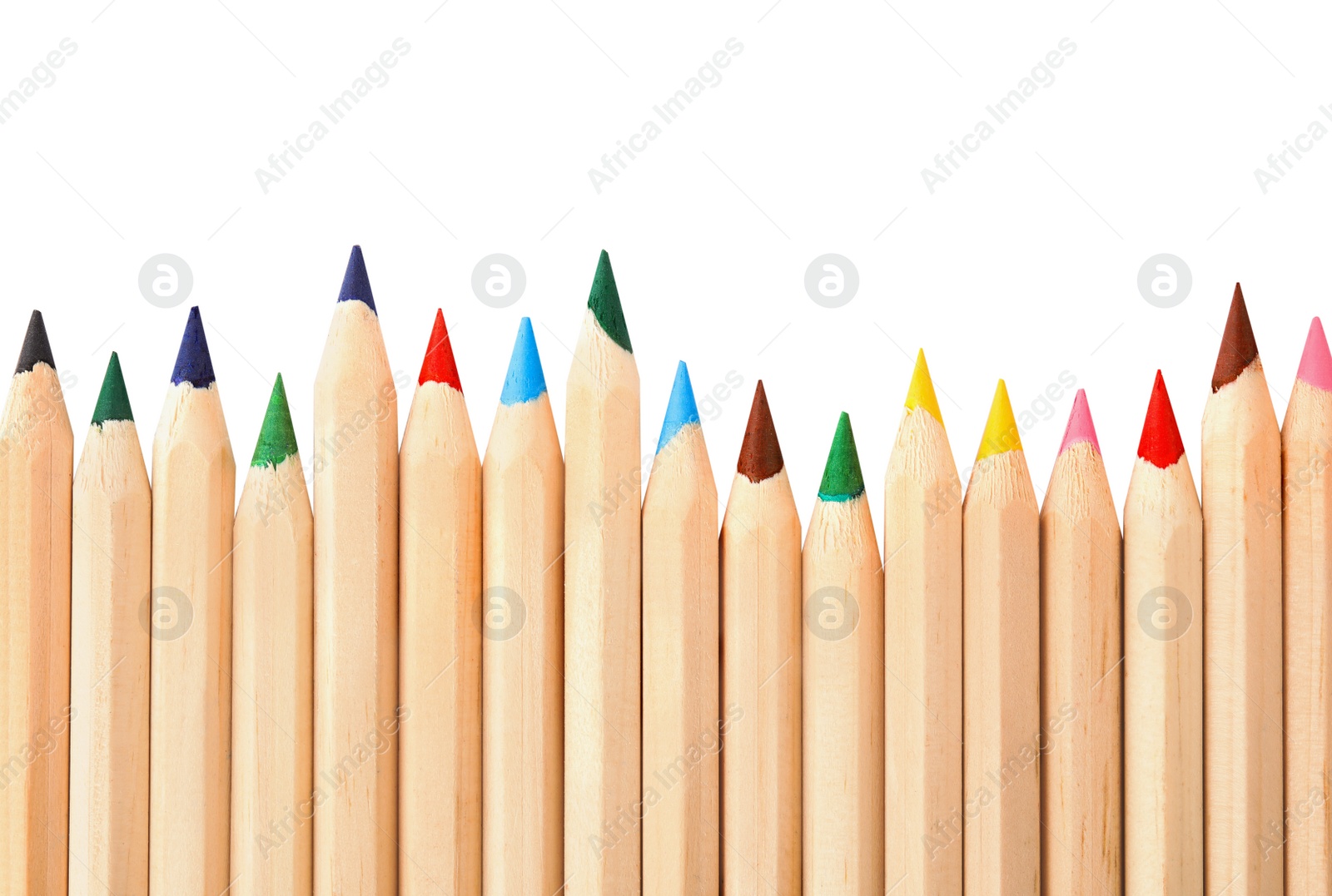 Photo of Different color pencils on white background, top view. School stationery