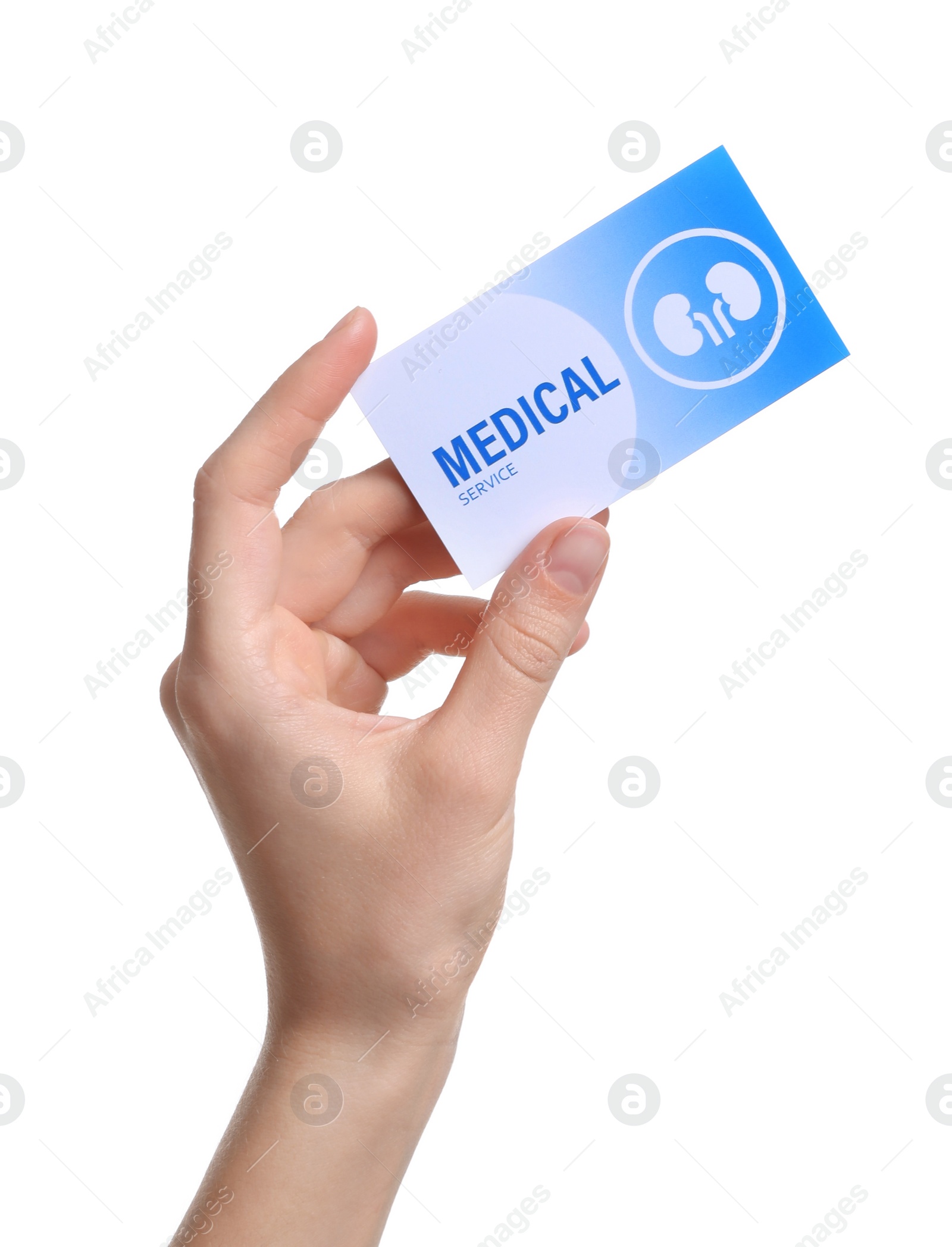 Photo of Woman holding medical business card isolated on white, closeup. Nephrology service