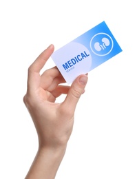 Photo of Woman holding medical business card isolated on white, closeup. Nephrology service