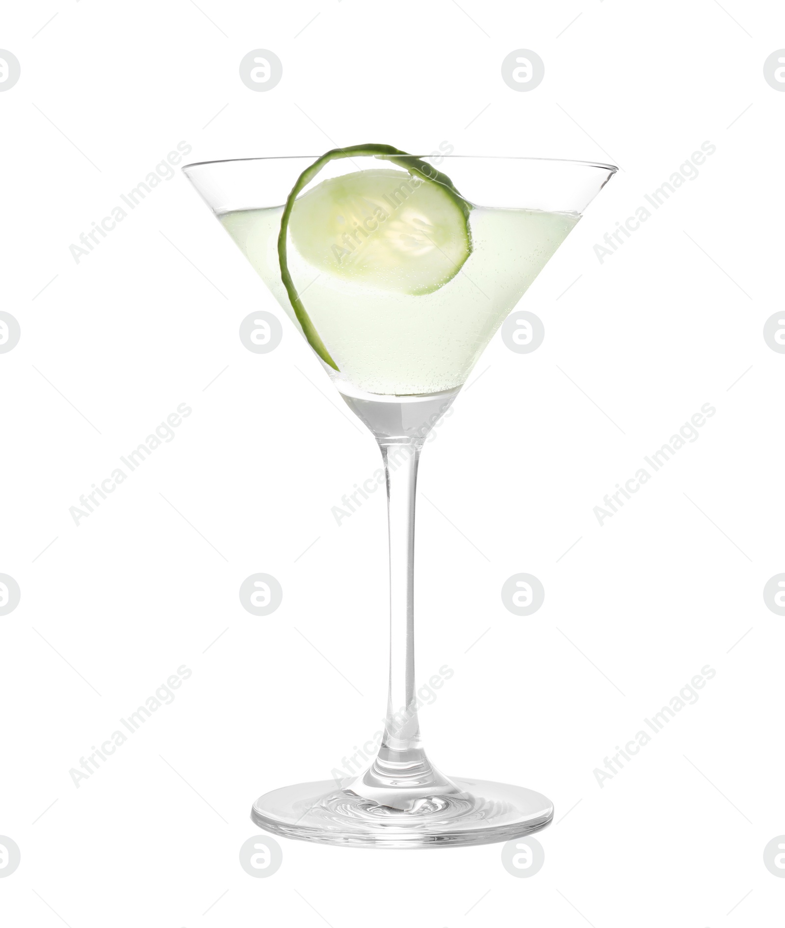 Photo of Glass of tasty martini with cucumber on white background