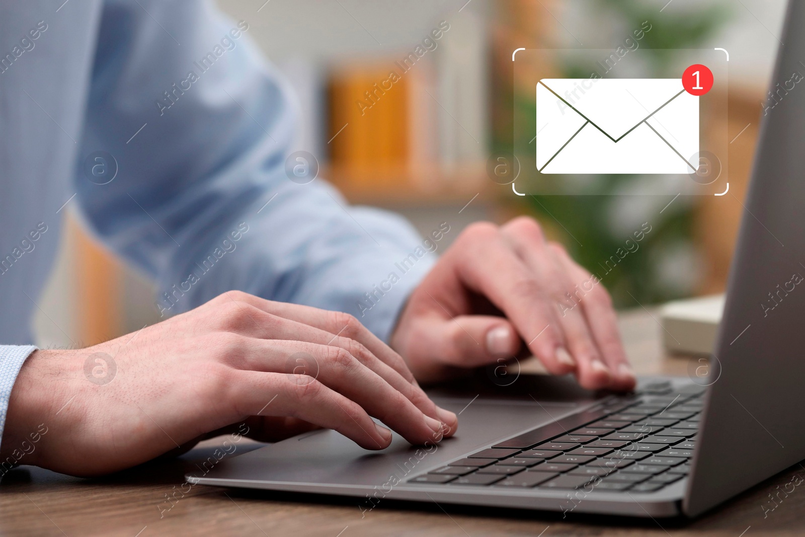 Image of Email. Man using laptop indoors, closeup. Incoming letter notification near device