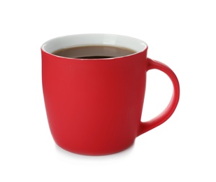 Photo of Red ceramic cup with hot aromatic coffee on white background