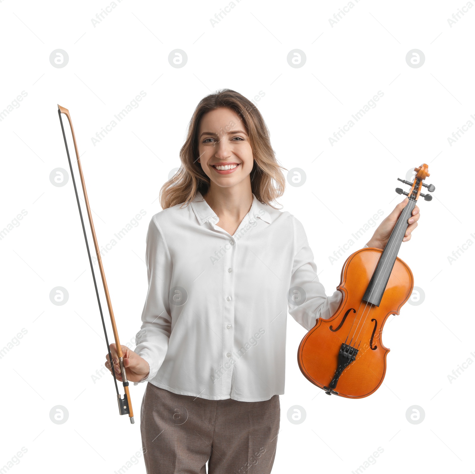 Photo of Woman with violin and bow on white background. Music teacher