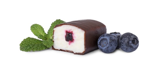 Photo of Piece of glazed curd with blueberry filling isolated on white
