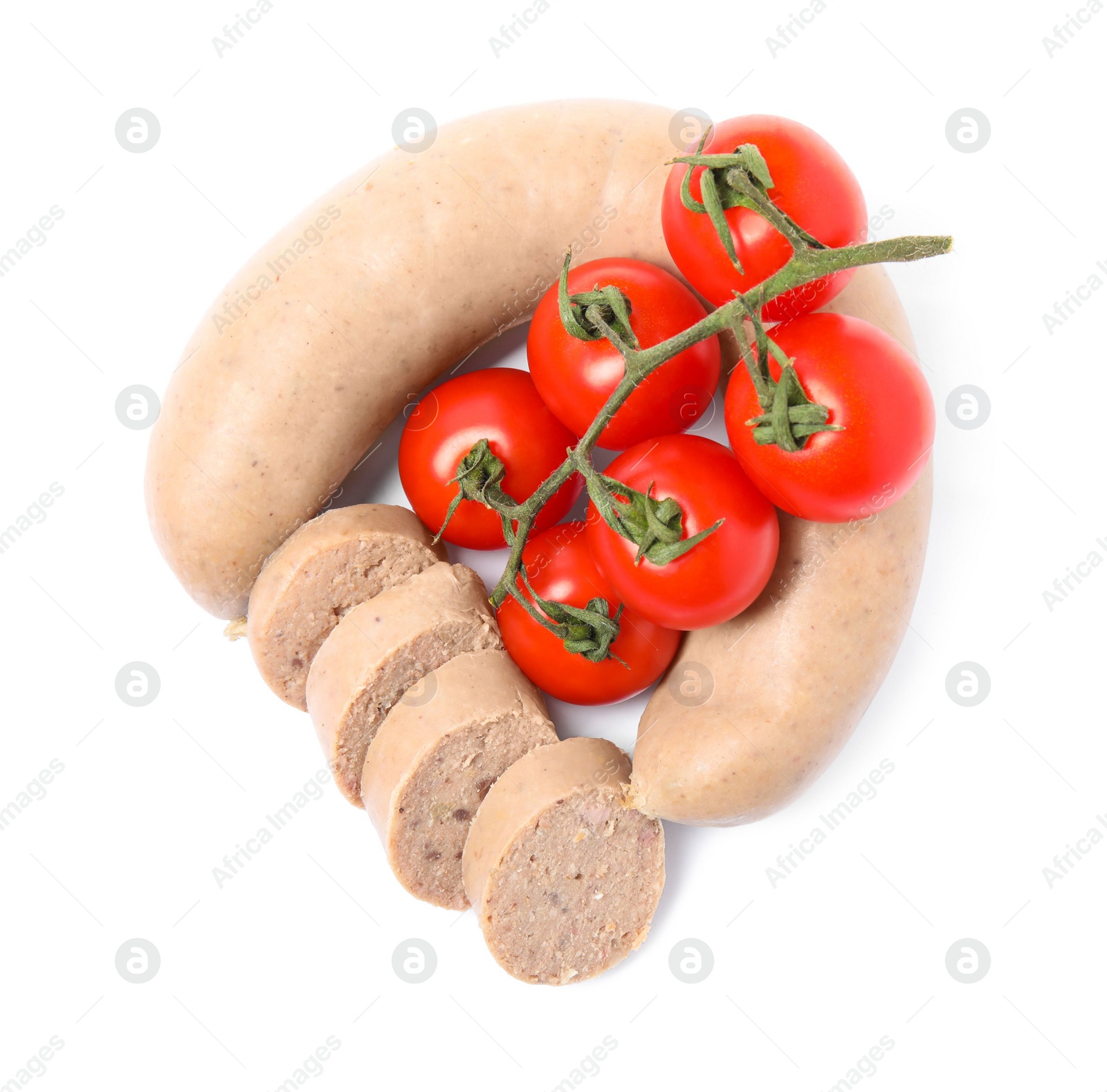 Photo of Delicious liver sausage with tomatoes on white background, top view