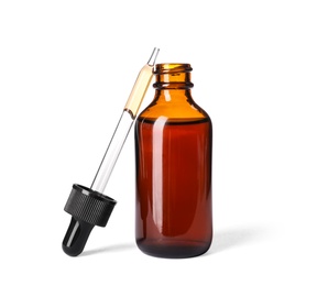 Photo of Cosmetic bottle and pipette with essential oil on white background