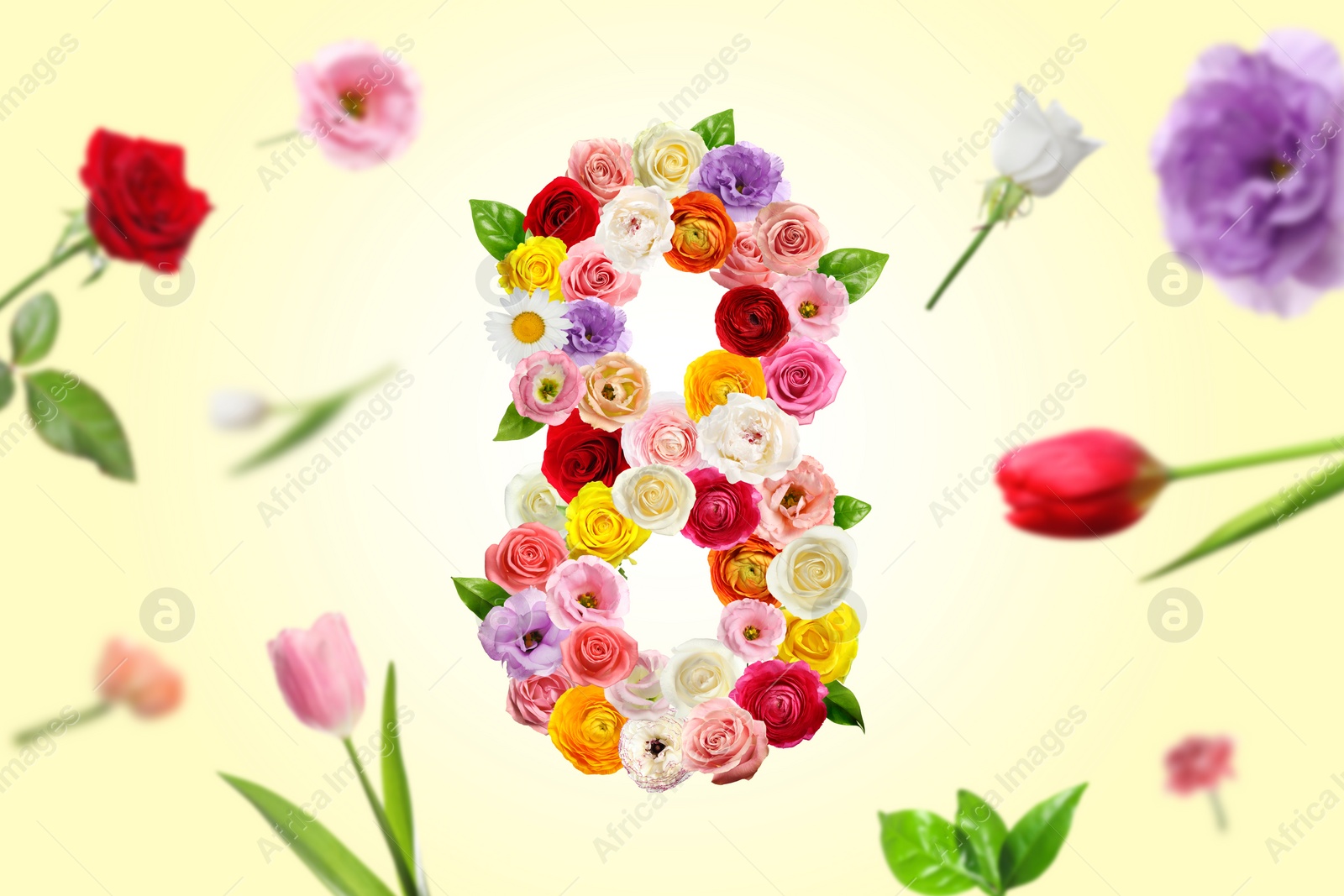 Image of International Women's Day - March 8. Card design with number 8 of bright flowers and leaves on light yellow background