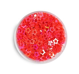 Photo of Red sequins in shape of stars on white background, top view