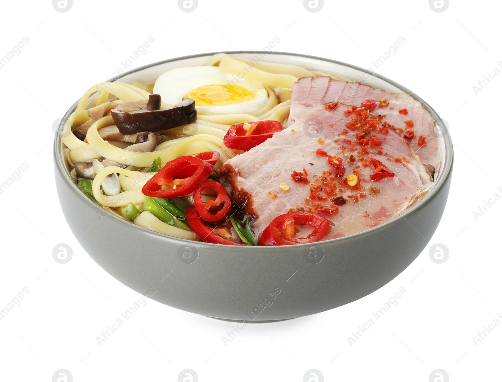 Photo of Delicious ramen in bowl isolated on white. Noodle soup