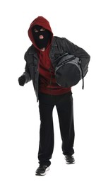 Photo of Thief in balaclava with bag on white background