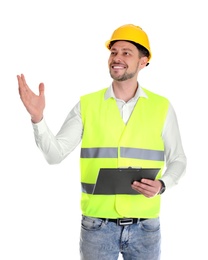 Male industrial engineer in uniform with clipboard on white background. Safety equipment