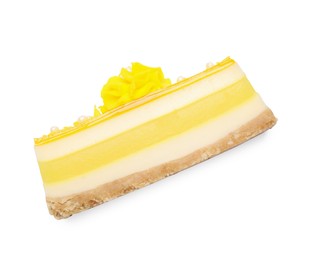 Photo of Delicious cheesecake with lemon isolated on white, top view