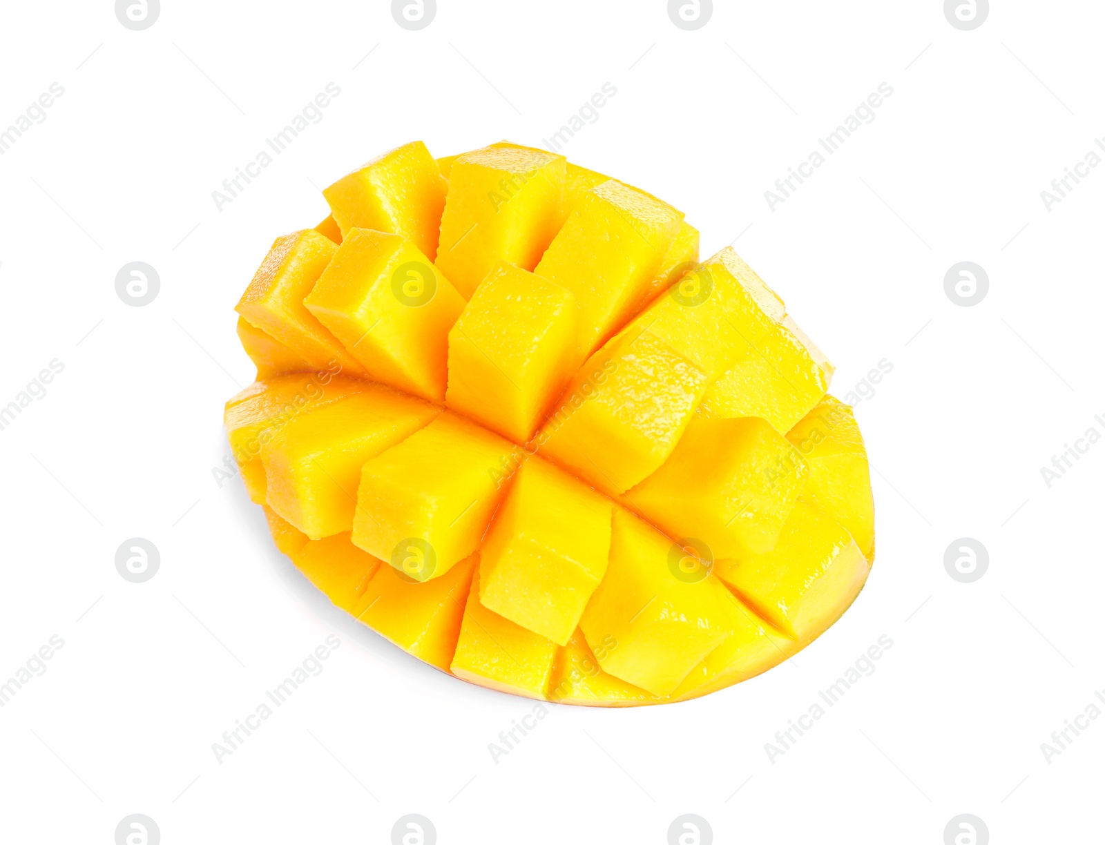 Photo of Cut fresh juicy mango on white background, above view