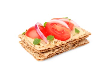 Photo of Fresh crunchy crispbreads with pate, tomatoes, red onion and greens isolated on white