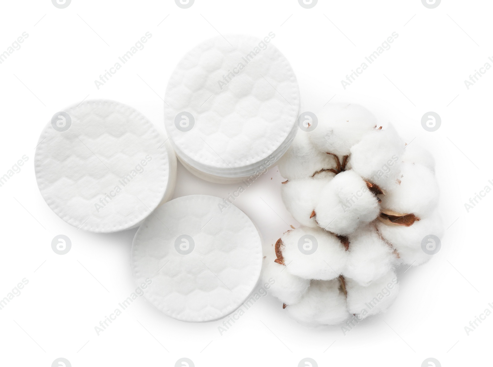 Photo of Composition with cotton pads and flowers on white background, top view