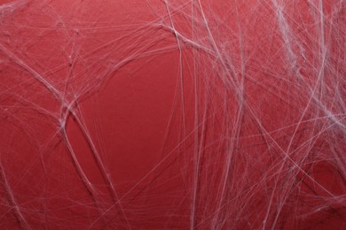 Photo of Creepy white cobweb hanging on red background