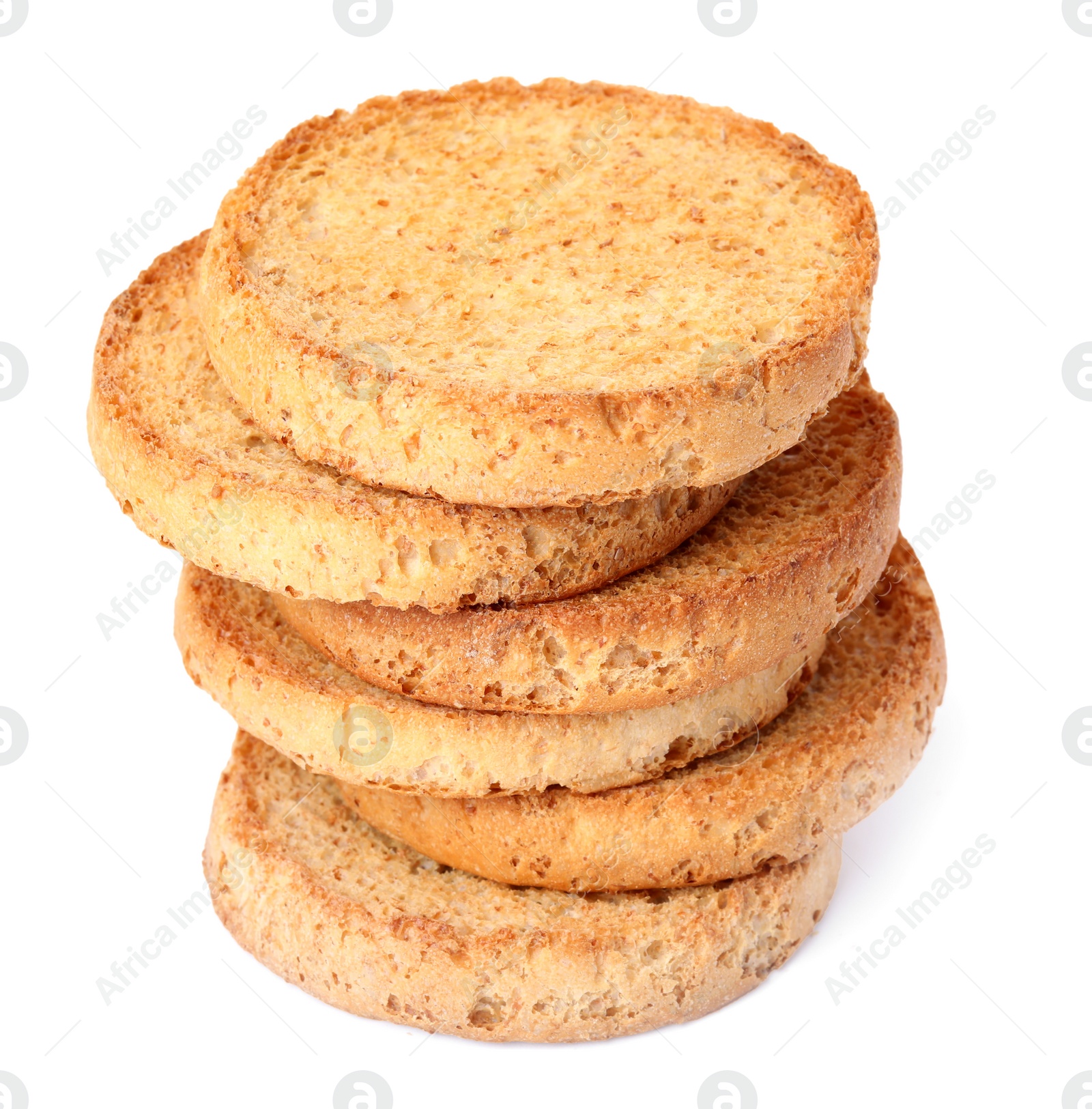 Photo of Stack of tasty organic rusks isolated on white