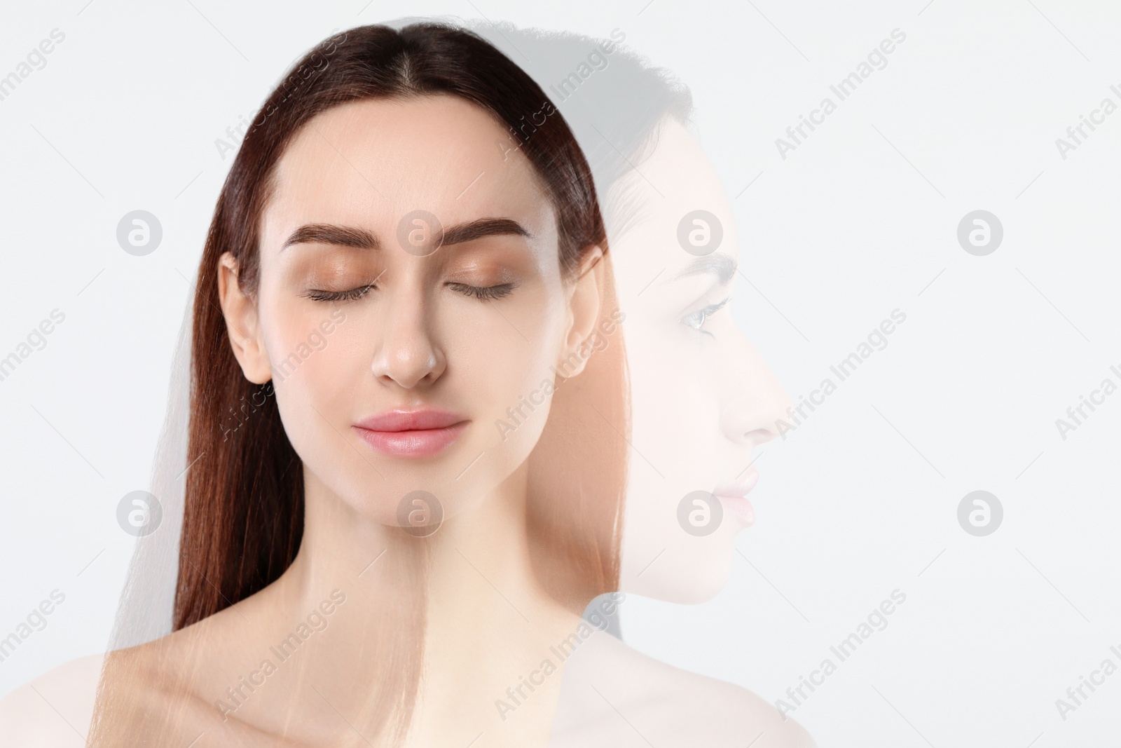 Image of Double exposure of beautiful young woman on white background