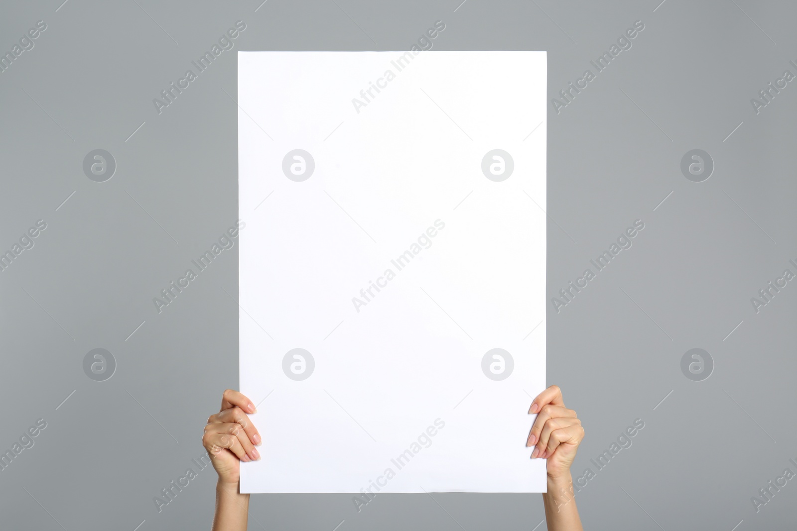Photo of Woman holding white blank poster on grey background, closeup. Mockup for design