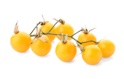 Photo of Branch of ripe yellow cherry tomatoes on white background