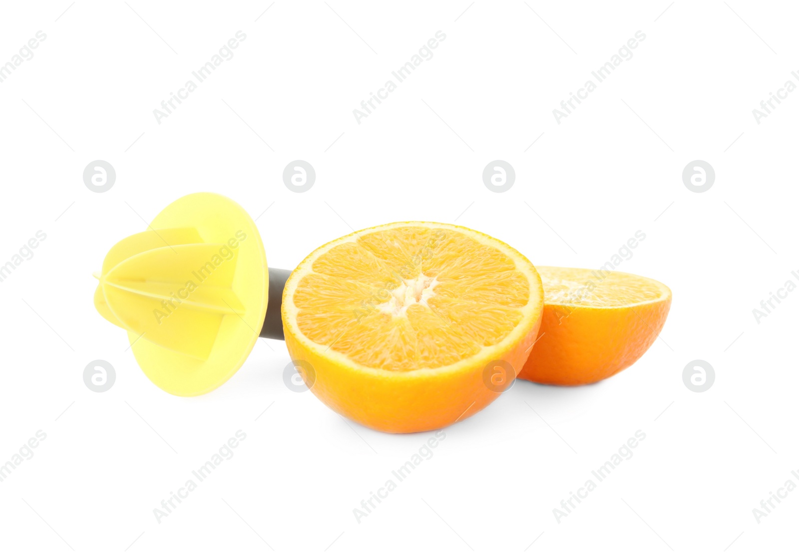 Photo of Fresh ripe orange and reamer on white background