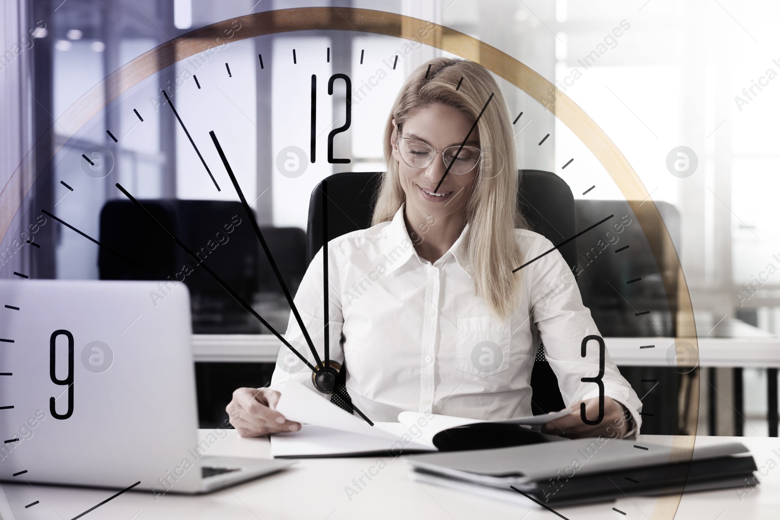Image of Woman and clock, double exposure. Time concept