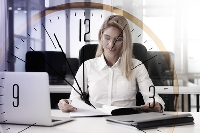 Woman and clock, double exposure. Time concept