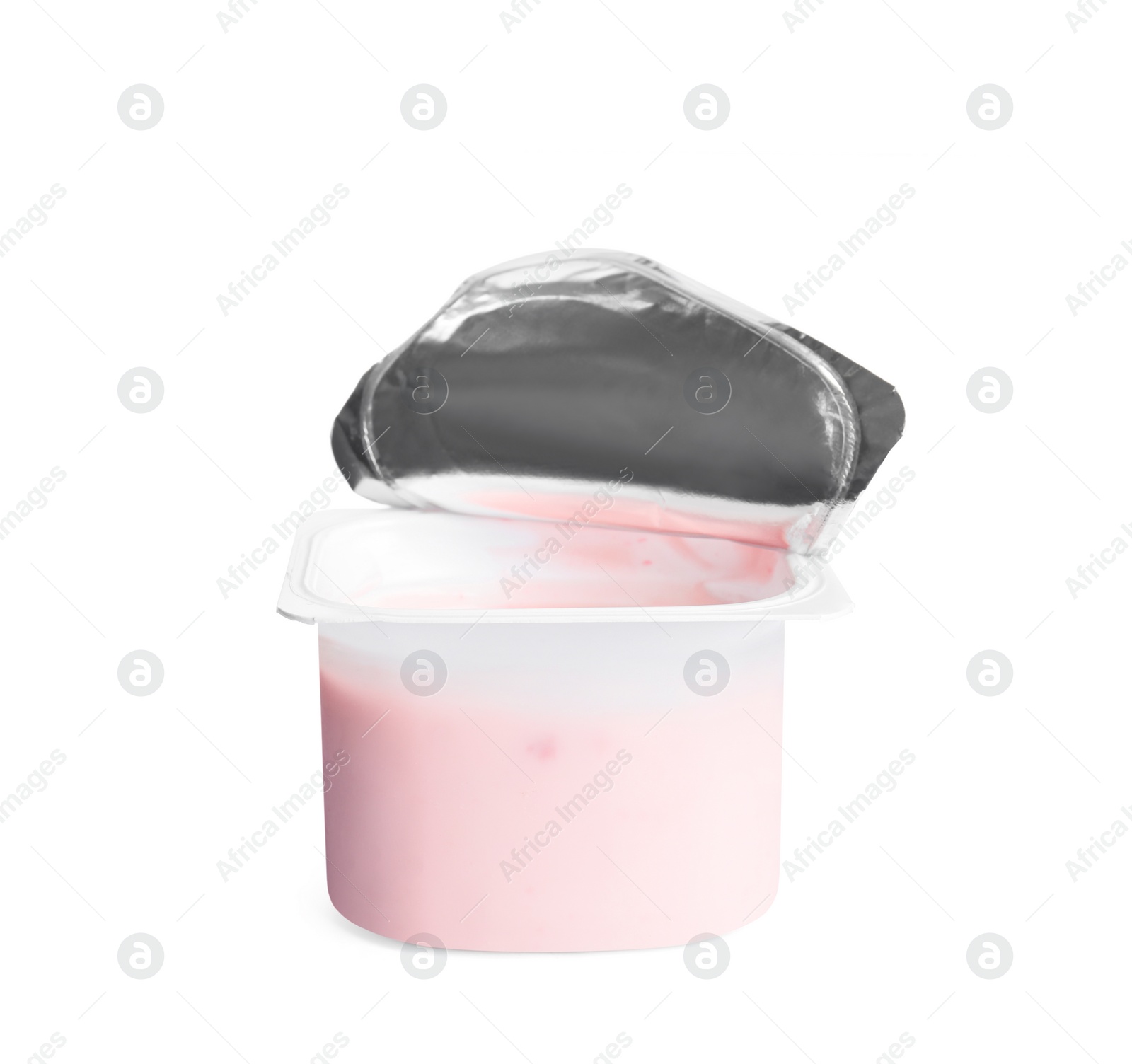 Photo of Tasty organic yogurt in plastic cup isolated on white