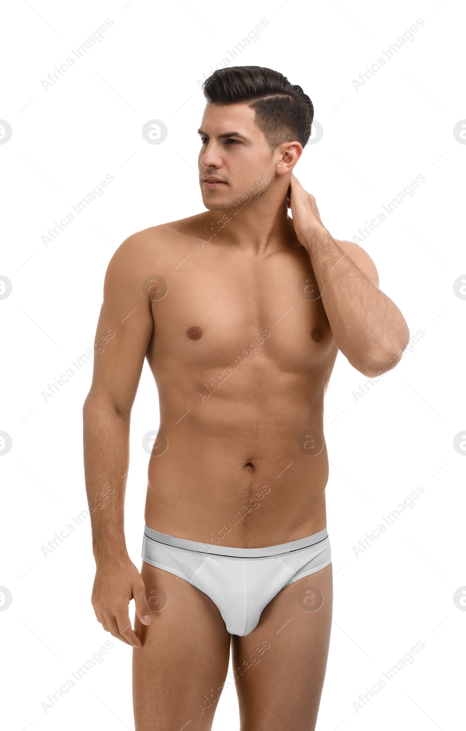 Photo of Handsome man in underwear on white background