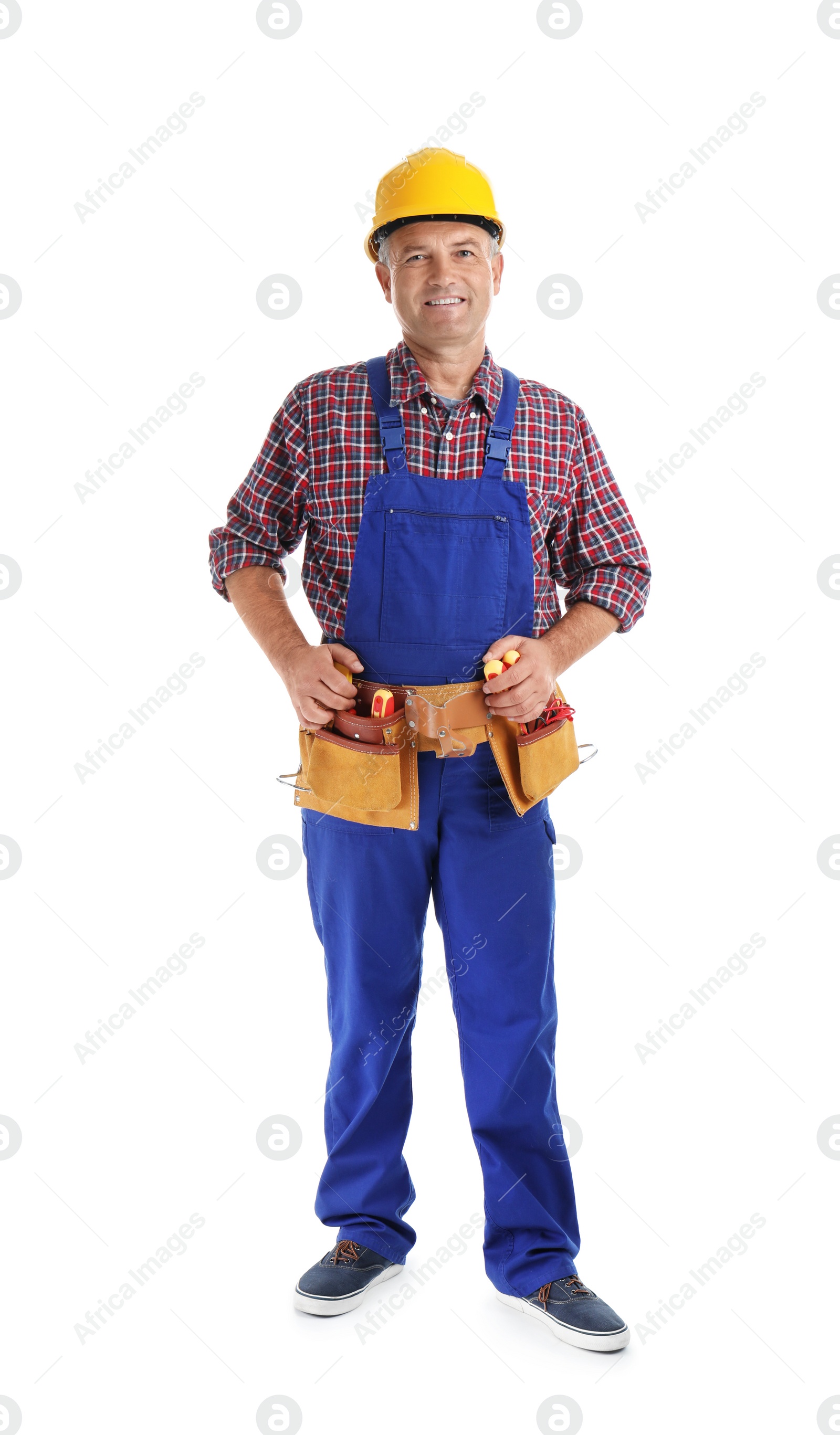 Photo of Electrician with tools wearing uniform on white background