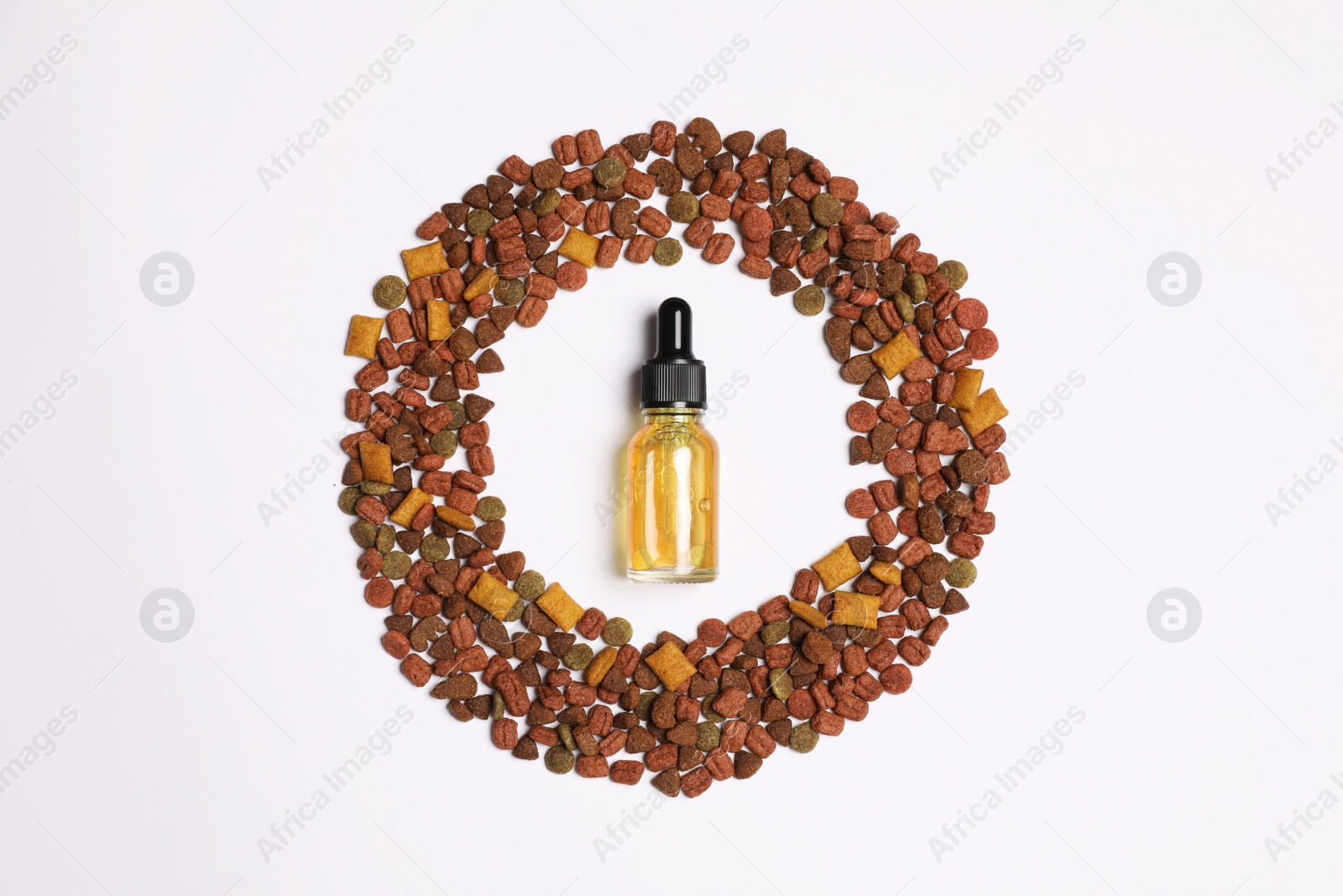 Photo of Tincture in frame of dry pet food on white background, top view