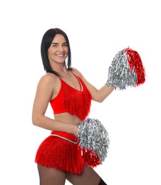 Beautiful cheerleader in costume holding pom poms on white background