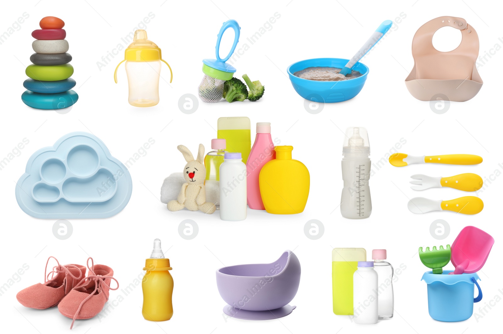 Image of Set with different stuff for baby on white background