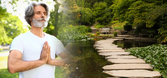 Image of Wellness retreat. Double exposure with man meditating outdoors and beautiful landscape, banner design
