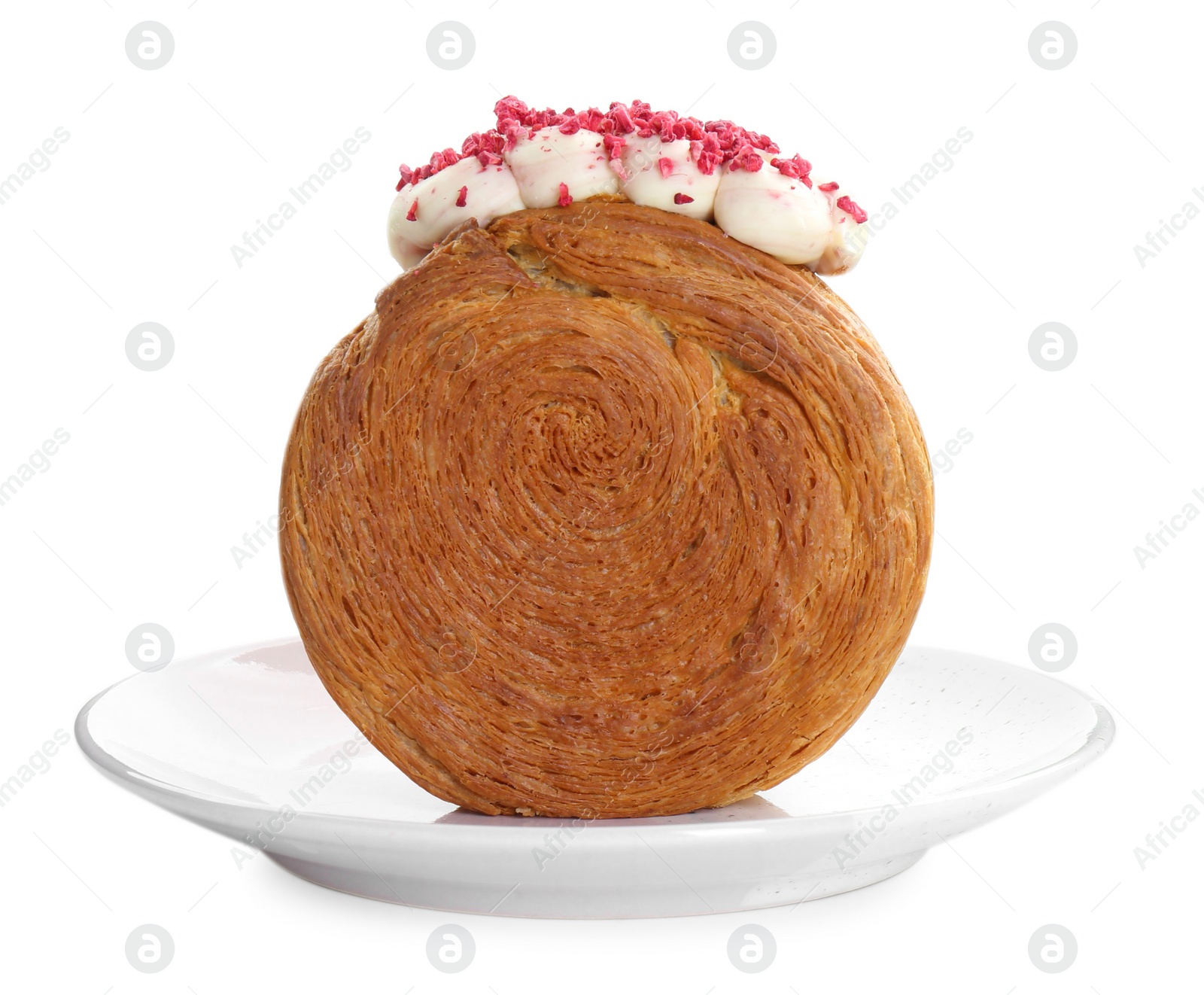 Photo of Round croissant with cream isolated on white. Tasty puff pastry