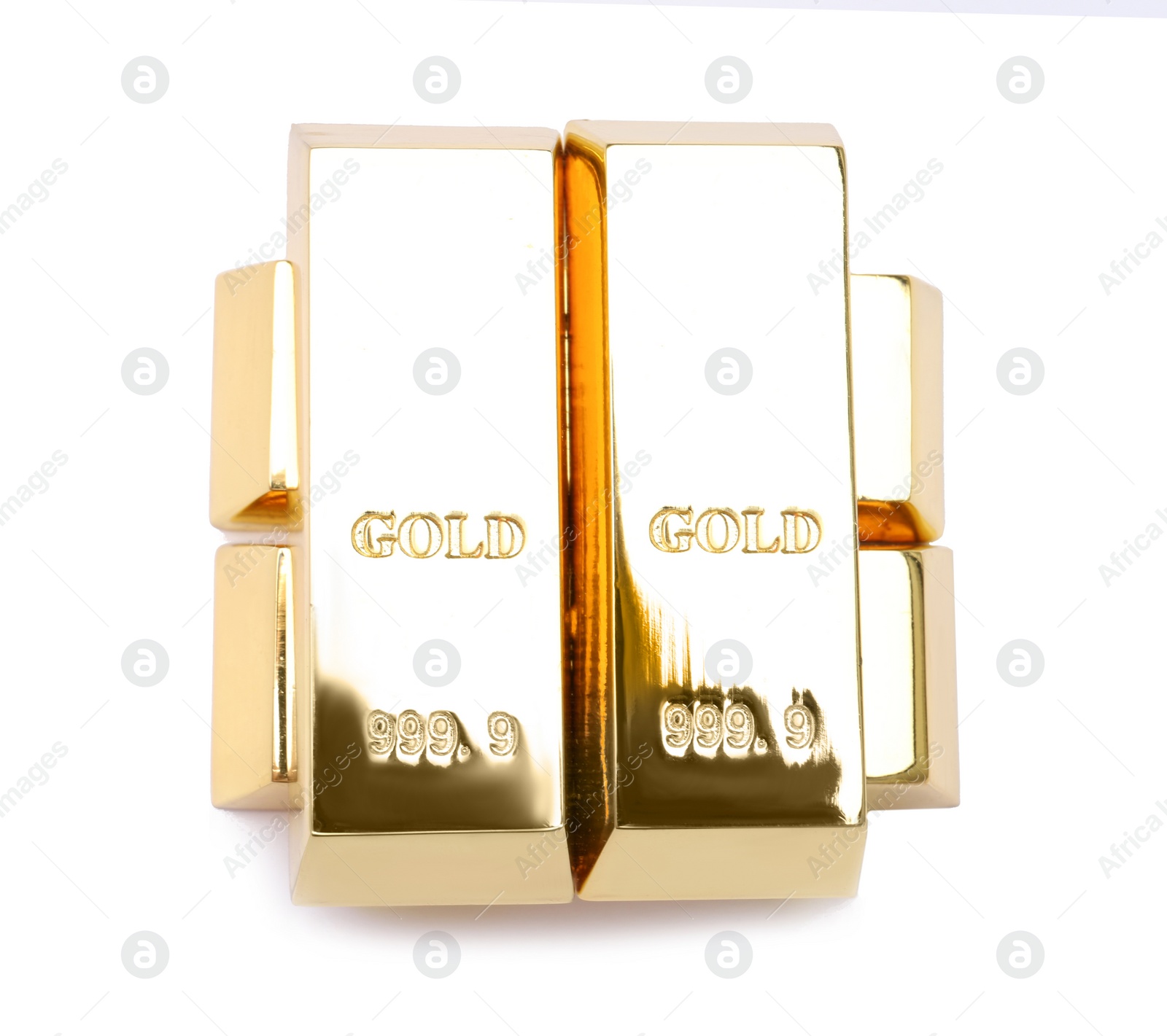 Photo of Precious shiny gold bars on white background, top view