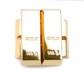 Precious shiny gold bars on white background, top view