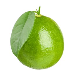 Photo of Fresh green ripe lime with leaf isolated on white