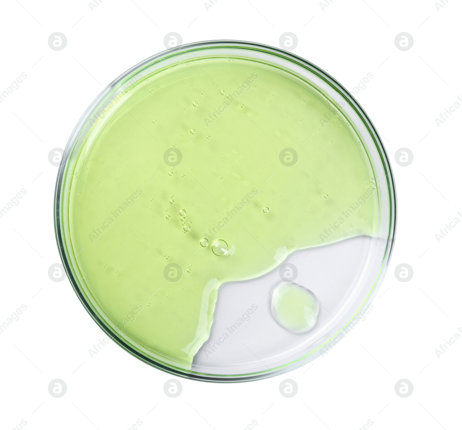 Photo of Petri dish with color liquid sample isolated on white, top view