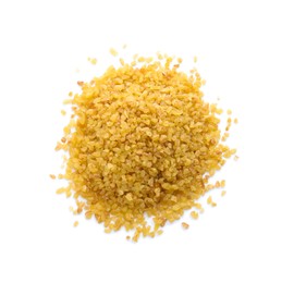 Pile of uncooked bulgur isolated on white, top view