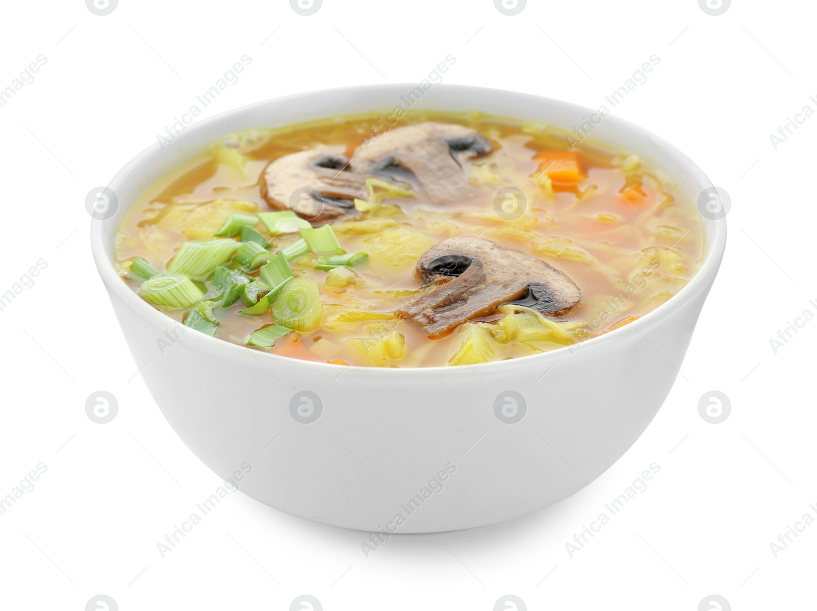 Photo of Bowl of delicious sauerkraut soup with mushrooms and green onion isolated on white