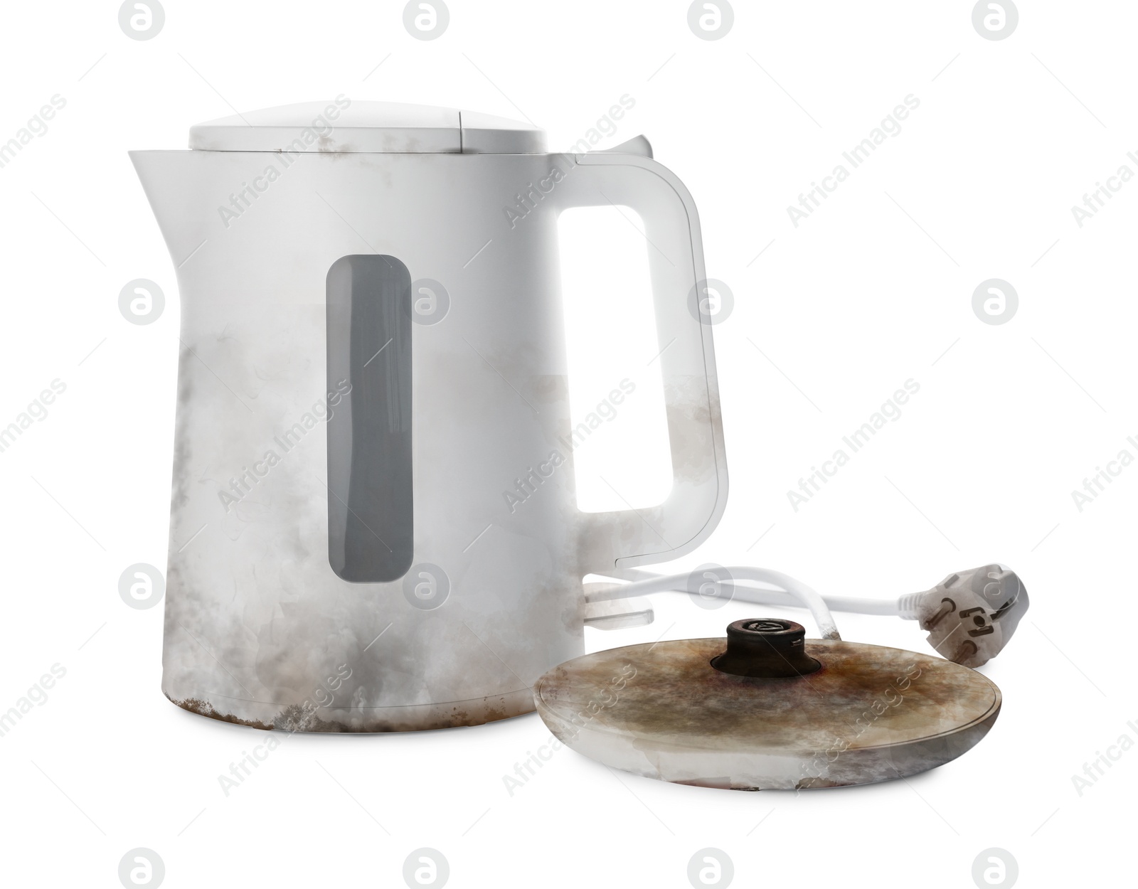 Image of Burnt electric kettle with base and plug on white background