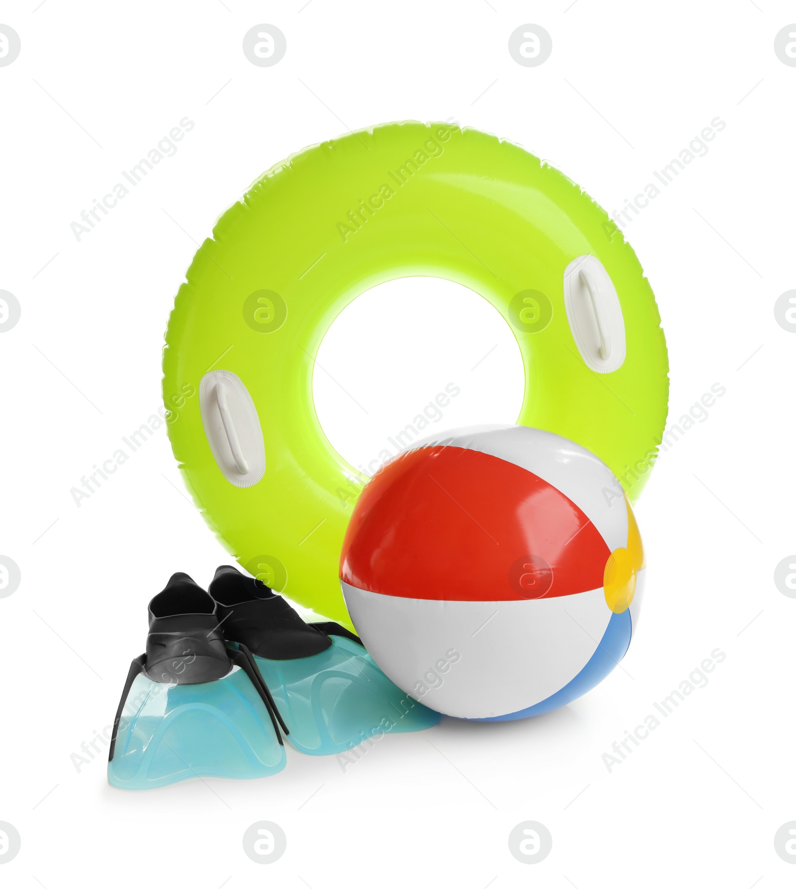 Photo of Set of bright beach accessories on white background