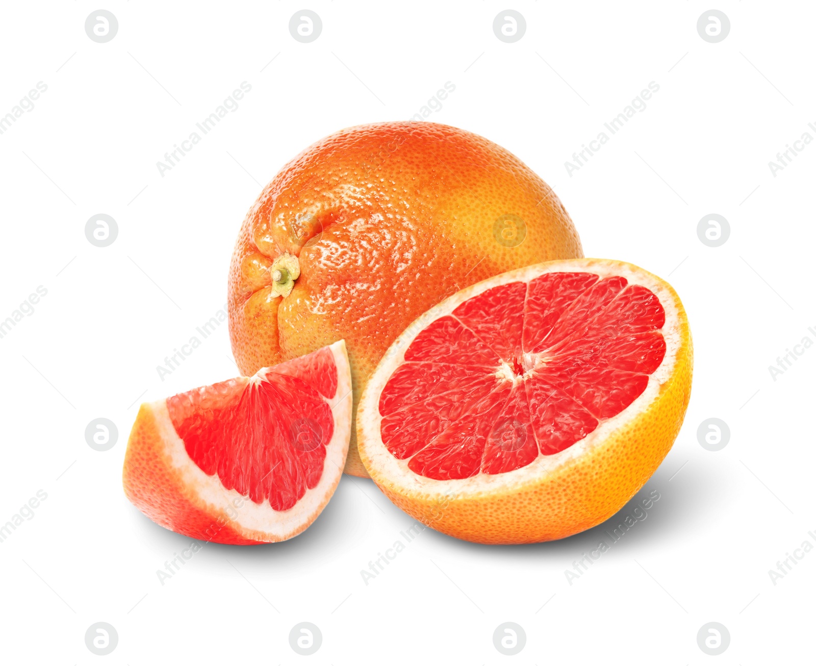 Image of Whole and cut grapefruits on white background