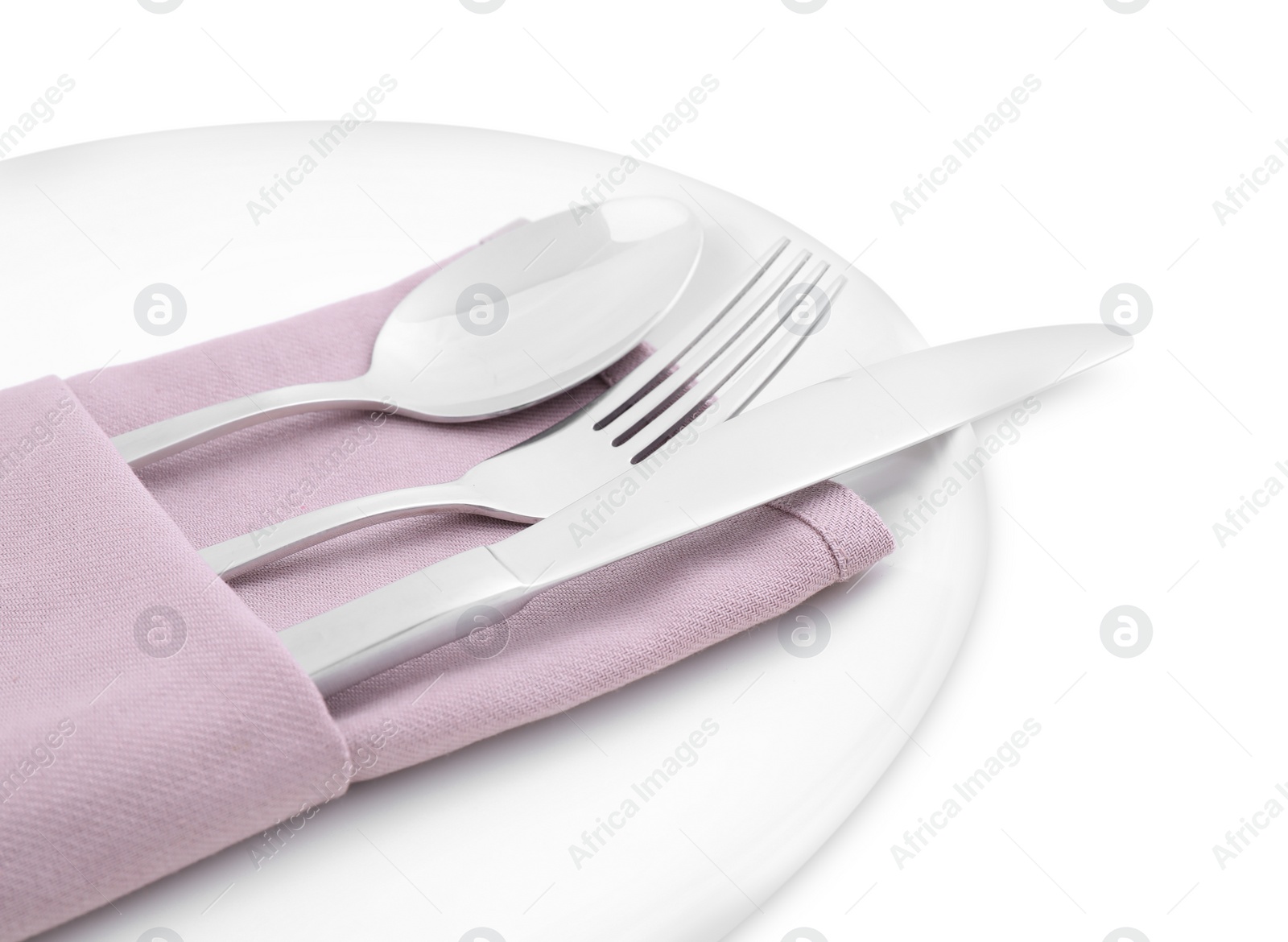 Photo of Plate with clean cutlery and napkin isolated on white