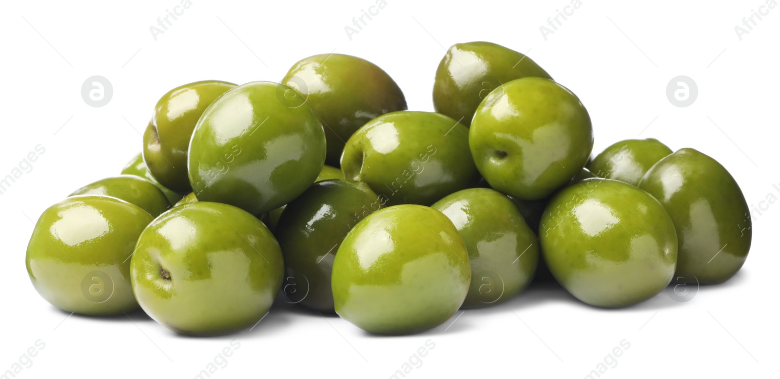 Photo of Many fresh green olives on white background