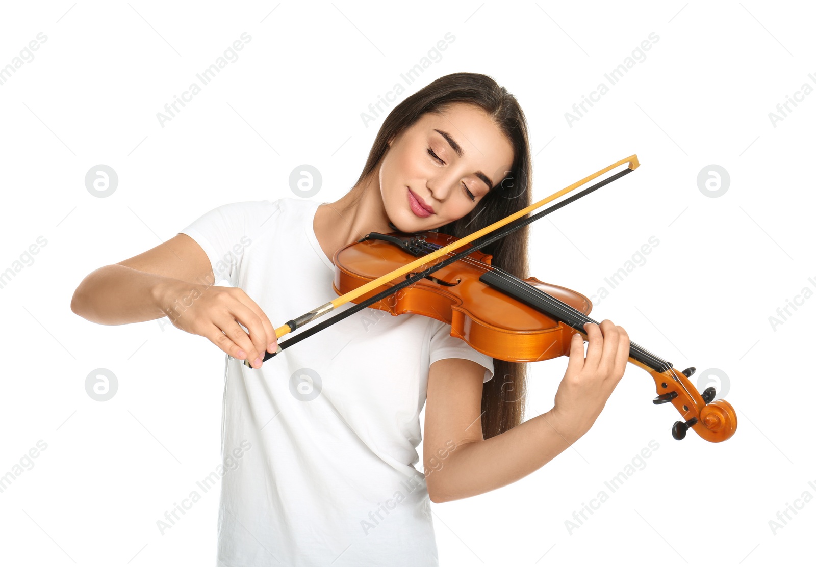 Photo of Beautiful woman playing violin on white background