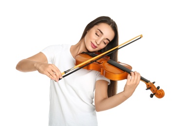 Beautiful woman playing violin on white background