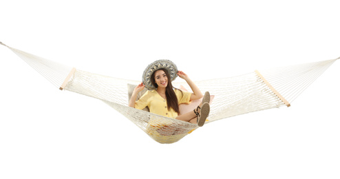 Photo of Woman resting in hammock on white background