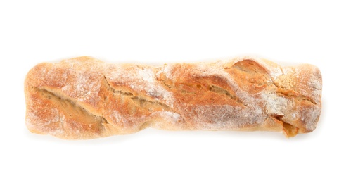 Photo of Baguette with cheese isolated on white, top view. Fresh bread